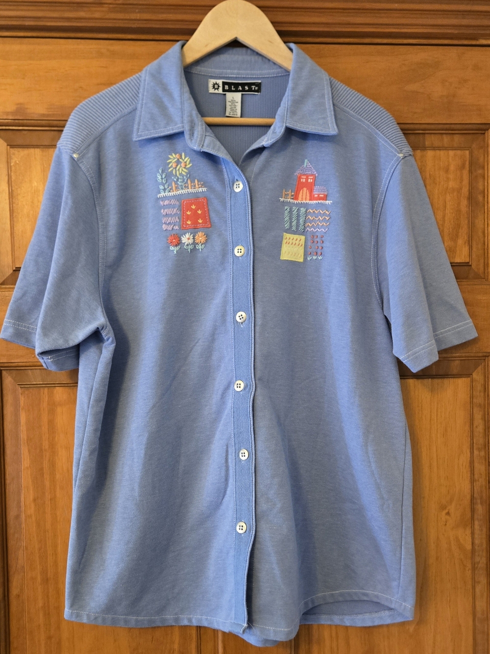 Vintage Blast Blue Embroidered Button-Down Houses & Flowers Novelty Shirt